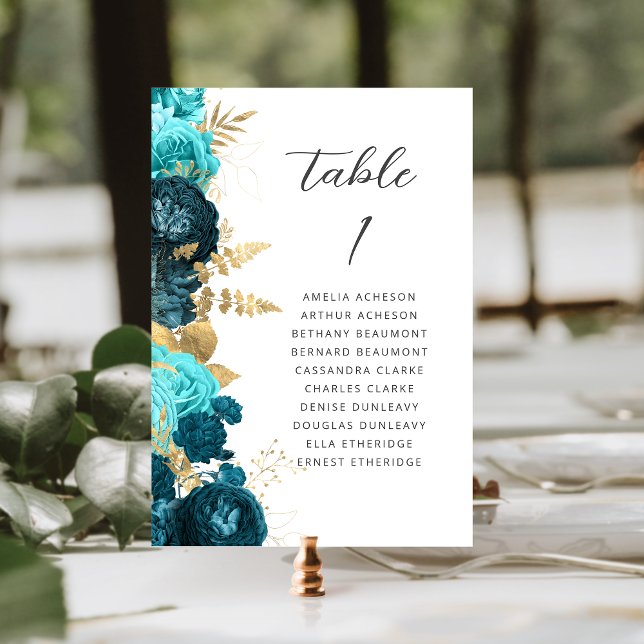 Numéro De Table Mariage Moderne Script Floral Or Aqua Sarcelle (Créateur téléchargé)