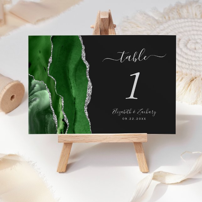 Numéro De Table Mariage Moderne Sombre Vert Chasseur Agate Argent (Créateur téléchargé)