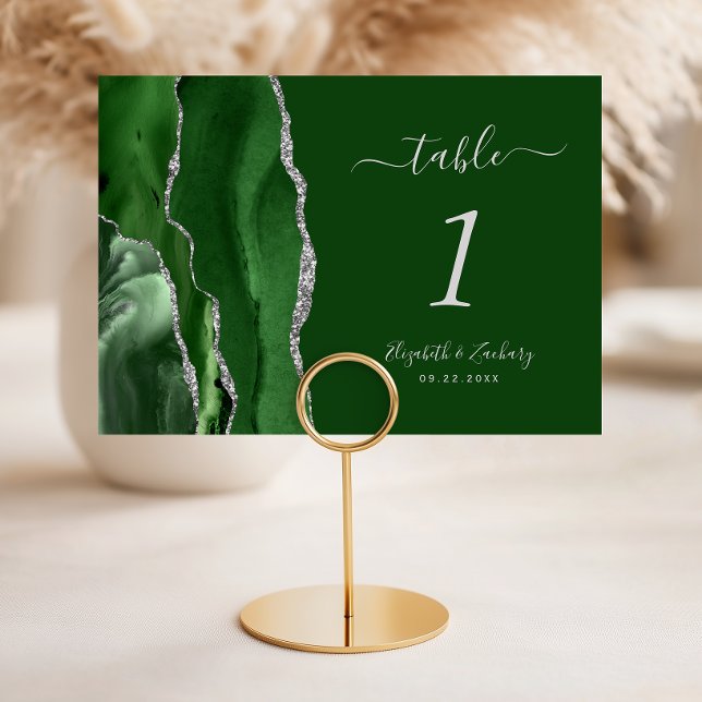 Numéro De Table Mariage Moderne Vert Chasseur Agate Argent (Créateur téléchargé)