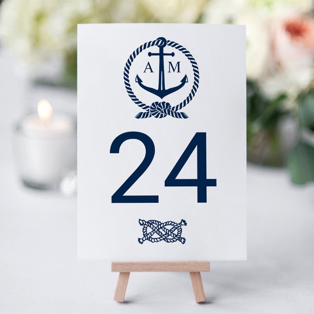 Numéro De Table Mariage Monogramme Ancre Bleu Marine Blanc (Créateur téléchargé)