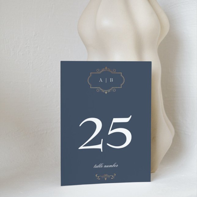 Numéro De Table mariage monogramme bleu marine classique en or crê (Créateur téléchargé)