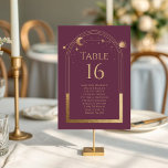 Numéro De Table Mariage mystique Plum Gold Sun Moon Stars<br><div class="desc">Mystical Plum Gold Sun Moon Stars Astronomy Mariage Numéros de table Avec des noms d'invités dispose d'un cadre de soleil or, de lune et d'étoiles sur un arrière - plan de prune. À l'intérieur, vous trouverez votre numéro de table avec les noms des invités. Personnalisez en modifiant le texte dans...</div>