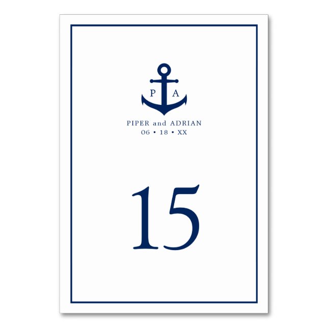 Numéro De Table Mariage Naution Thème Bleu Marine Ancre Monogramme (Par défaut)