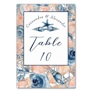 Numéro De Table Mariage nautique de plage de coquillages et Roses,