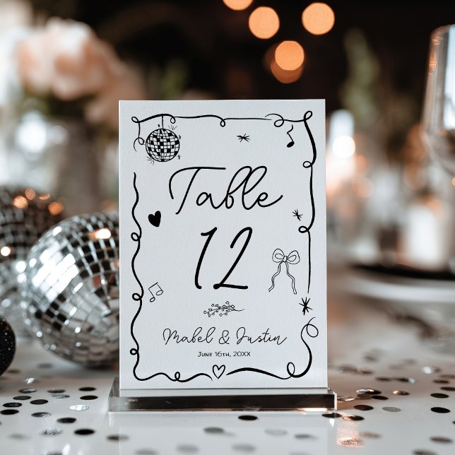 Numéro De Table Mariage noir blanc fantaisiste noir décontracté (Quirky Black white whimsical black casual Wedding Table Number)