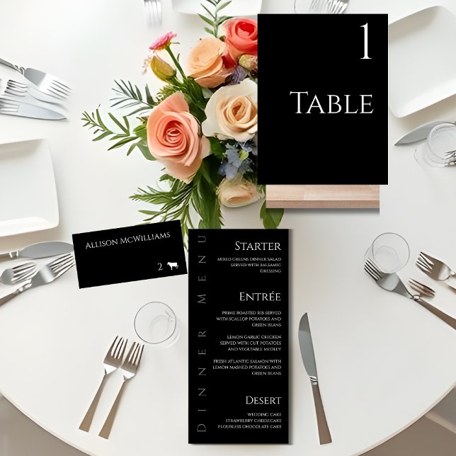 Numéro de table mariage noir et blanc (Minimalist Modern Black and White Wedding-Place cards-Table sign, Dinner Menu)