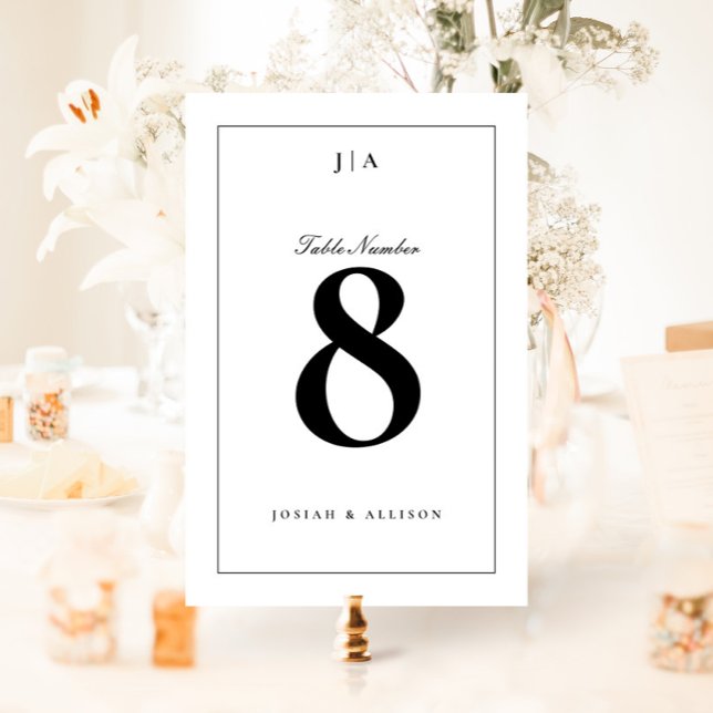 Numéro De Table Mariage noir et blanc classique (Elegant black and white wedding monogram table numbers.)