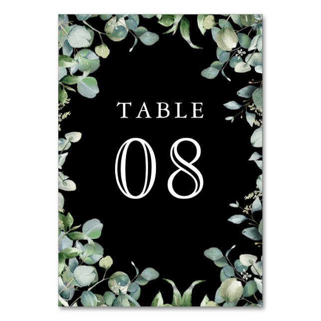 Numéro De Table Mariage Noir Moderne avec Verdure d'Eucalyptus (Par défaut)