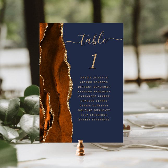 Numéro De Table Mariage Or Jaune Agate Bleu Marine Brûlé (Créateur téléchargé)