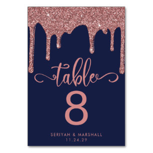 Numéro De Table Mariage pailleté bleu marine et or rose qui coule