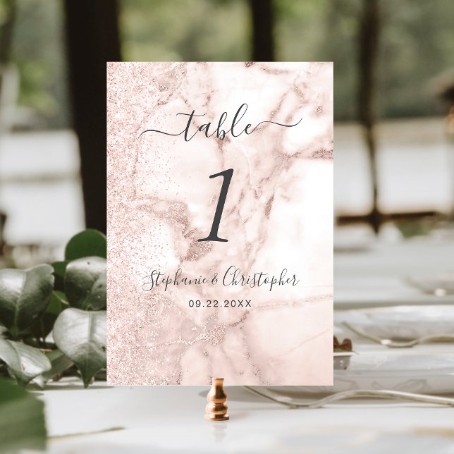 Numéro De Table Mariage Pailleté Or Rose Marbre Moderne (Créateur téléchargé)