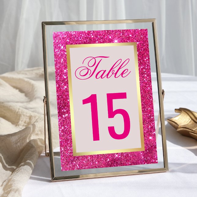 Numéro De Table Mariage Pailleté Rose Chaud Feuille D'Or Fausse (Créateur téléchargé)