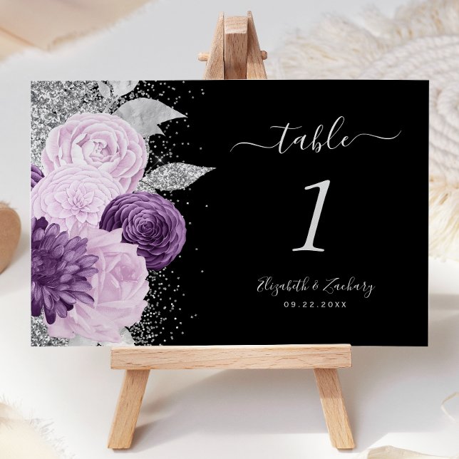 Numéro De Table Mariage Paillettes Argent Fleur Violet (Créateur téléchargé)