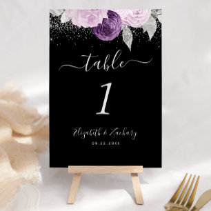 Numéro De Table Mariage Paillettes Argent Violet Floral