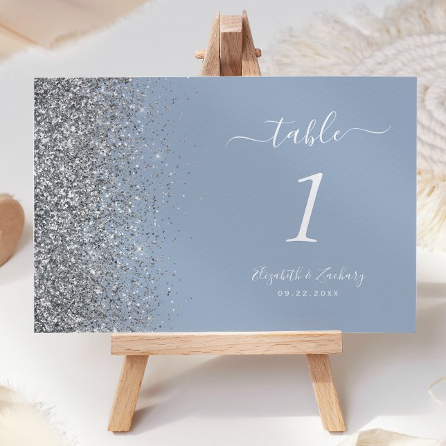 Numéro De Table Mariage Paillettes Argentées Bleu Poussiéreux Mode (Créateur téléchargé)