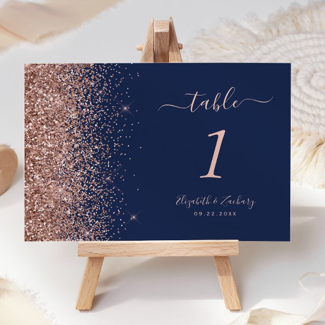 Numéro De Table Mariage Paillettes Or Rose Bleu Navy Moderne (Créateur téléchargé)