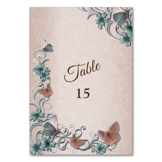Numéro De Table Mariage Papillon Cuivre Floral Argent Sarcelle Tan (Par défaut)