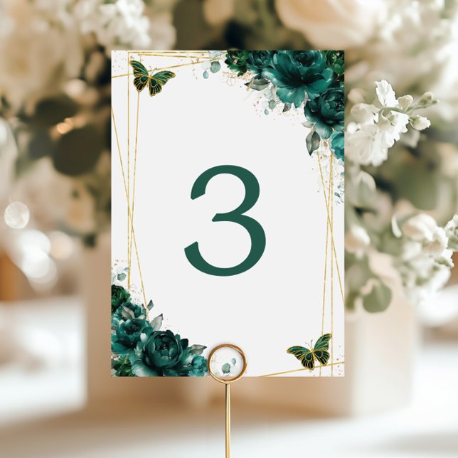 Numéro De Table Mariage Papillons Dorés Fleurs Vert Emeraude  (Créateur téléchargé)