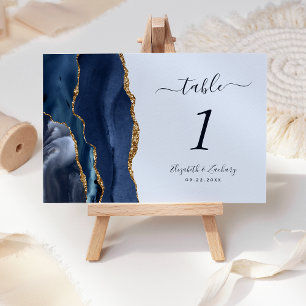 Numéro De Table Mariage Pastel Bleu Agate Or Navy