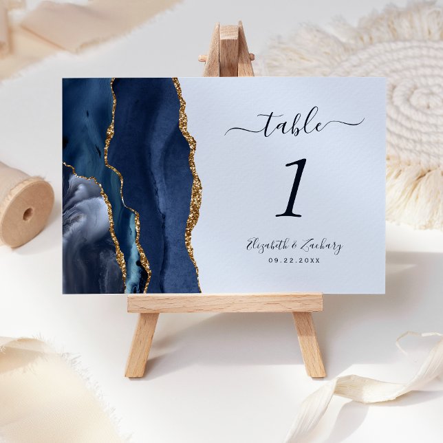 Numéro De Table Mariage Pastel Bleu Agate Or Navy (Créateur téléchargé)