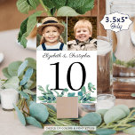 Numéro De Table Mariage photo Eucalyptus 2 Numéro de tableau Signa<br><div class="desc">Élégante marque de numéro de table de mariage personnalisée avec deux photos, noms de la mariée et du marié et accentué avec l'aquarelle feuilles eucalyptus. Inclure diverses photos du couple au fil des ans ou leurs photos de fiançailles pour un panneau de table divertissant pour les clients mariages. Amusant d'avoir...</div>