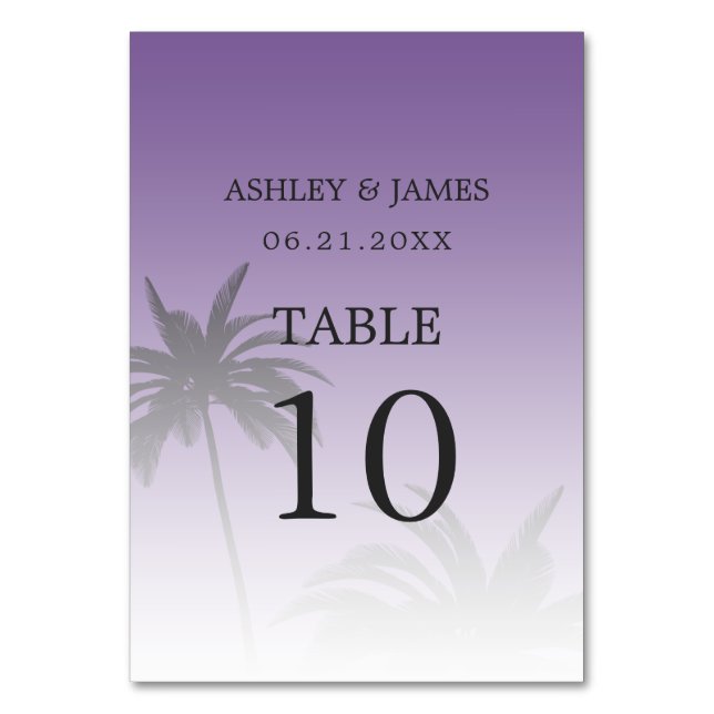 Numéro De Table Mariage Plage de Palm Tree Tropical Violet (Dos)