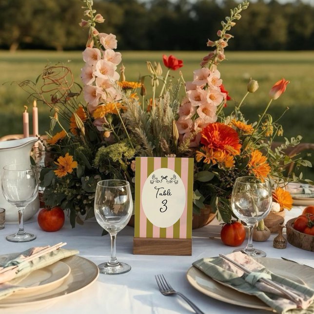 Numéro De Table Mariage rayé vert olive et rose blush  (Créateur téléchargé)