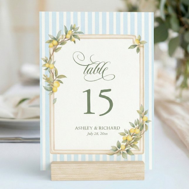 Numéro De Table Mariage Rayure Côtière Méditerranéenne au Citron (elegant personalized mediterranean lemon coastal blue stripe table number with script calligraphy)