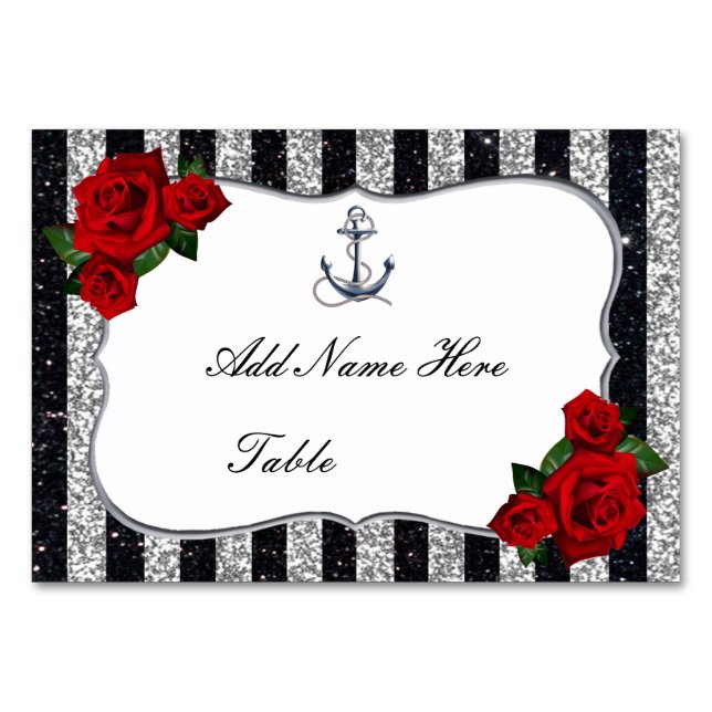Numéro De Table Mariage Rayures Noir Argent Ancre Nautique (Devant)
