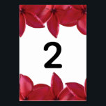 Numéro De Table Mariage Red Plumeria Frangipani<br><div class="desc">Ce design présente des fleurs frangipani rouge / plumeria. Un design tropical élégamment encadré de fleurs frangipanières rouges. Ces fleurs tropicales populaires d'Hawaii sont idéales pour un mariage de plage de destination élégant. Conception de numéro de table de mariage tropical avec des éléments modernes. Des invitations de mariage et d'autres...</div>