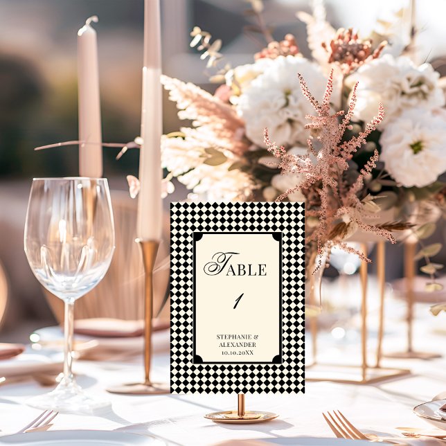 Numéro De Table Mariage rétro à l'ancienne Noir & Ivoire à carreau (Créateur téléchargé)