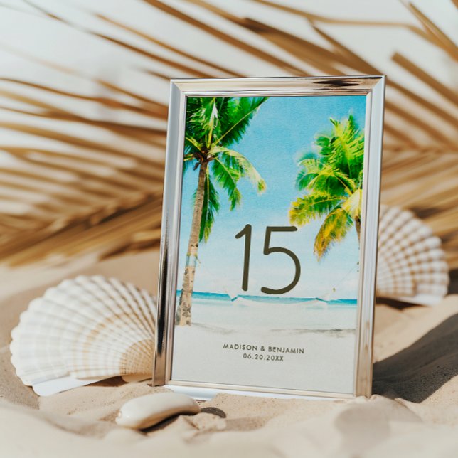 Numéro De Table Mariage rétro d'été sur la plage avec palmiers tro (Créateur téléchargé)