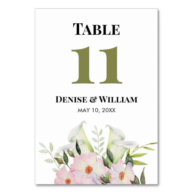 Numéro De Table Mariage Rose au Lys Calla Blanc Doux (Dos)