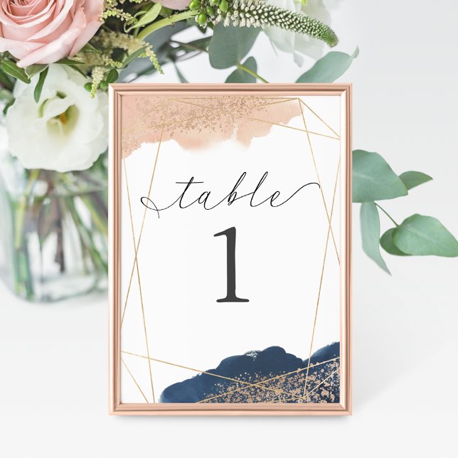 Numéro De Table Mariage rose poudré, or et marine (Créateur téléchargé)