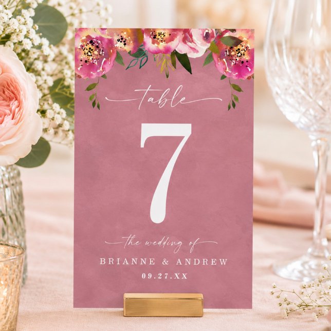 Numéro De Table Mariage Rose Sauvage Chic Fleurie Rose (Elegant wild rose pink floral wedding reception or dinner party table numbers)