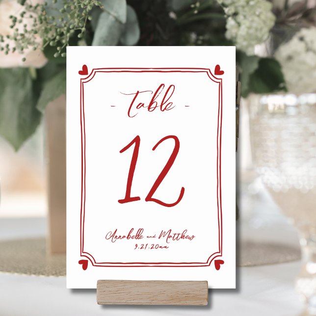 Numéro De Table Mariage Rouge Fantaisiste Dessiné à la Main (Hand Drawn Whimsical Red Wedding Table Number )