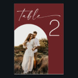 Numéro De Table Mariage Rouge Vin Profond | Photo d'Arche Élégante<br><div class="desc">Cette carte de numéro de table de mariage combine une mise en page épurée avec une photo en arc, ajoutant une touche significative à votre réception. La photo aide à relier chaque table à votre histoire. Le fond rouge vin profond crée une apparence riche et élégante qui fonctionne à merveille...</div>