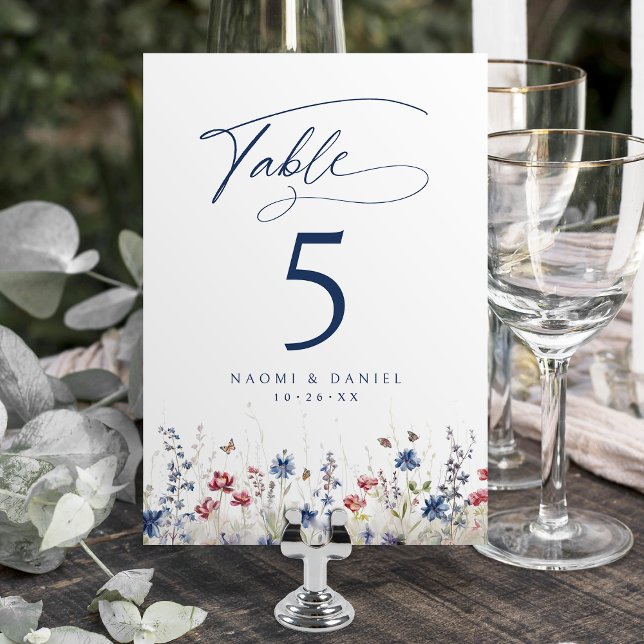 Numéro De Table Mariage rustique de fleurs sauvages aquarelle bleu (Navy Blue Watercolor Wildflower Rustic Wedding Table Number)