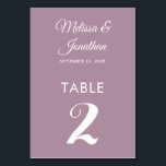 Numéro De Table Mariage simple blanc blanc poussiéreux et élégant<br><div class="desc">Carte de numéro de table minimaliste simple et élégante avec un script blanc élégant sur un arrière - plan romantique violet poussiéreux. Facilement personnalisable avec les noms de la mariée et du marié, la date du mariage et le numéro de table. Pour plus de personnalisation ou des commandes personnalisées, n'hésitez...</div>