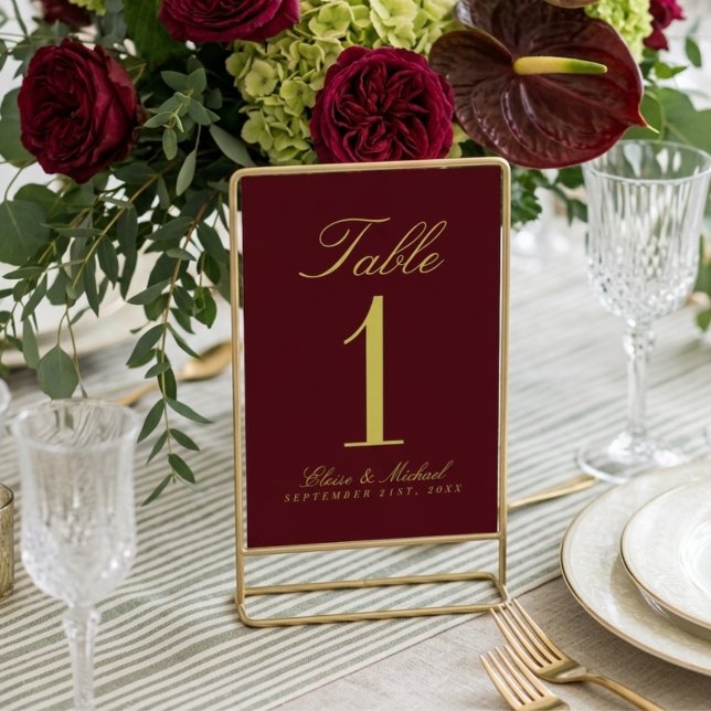 Numéro De Table Mariage Simple Élégant Chartreuse Bourgogne (Elegant Chartreuse Burgundy Simple Wedding Table Number)