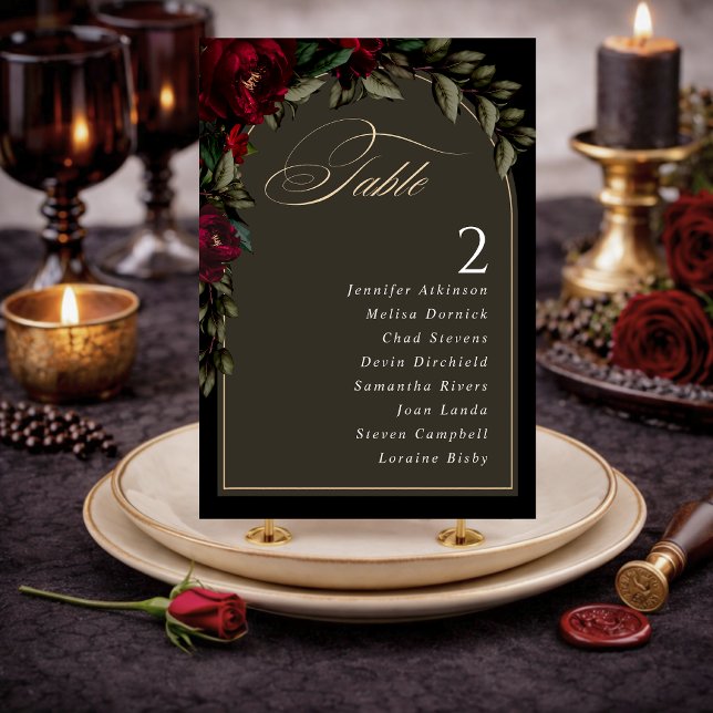 Numéro De Table Mariage sobre gothique rouge vert rouge floral (Créateur téléchargé)