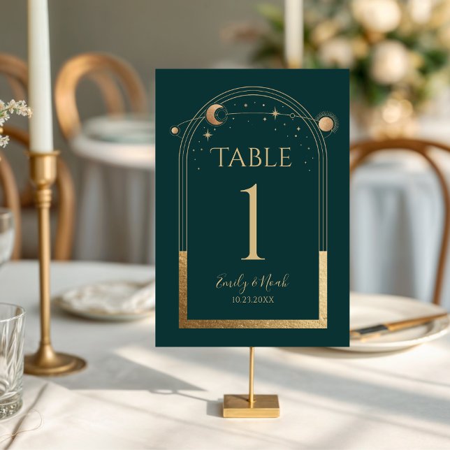 Numéro De Table Mariage Soleil Lune Étoiles Or Vert Céleste (Créateur téléchargé)