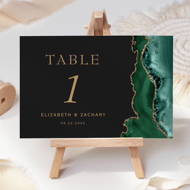Numéro De Table Mariage sombre d'émeraude vert Agate Or (Créateur téléchargé)