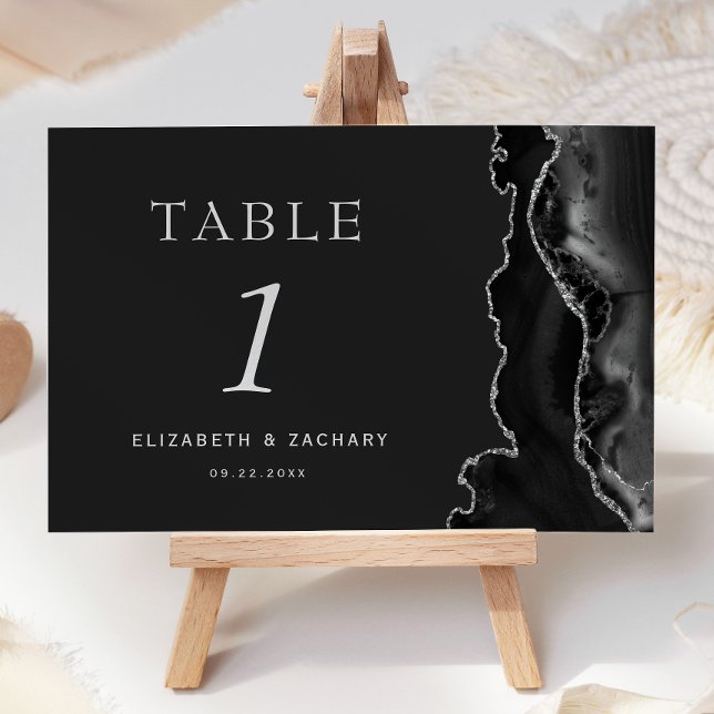 Numéro De Table Mariage sombre en agate noire et argent (Créateur téléchargé)