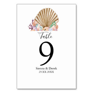Numéro De Table Mariage sur la plage de corail et de coquillages