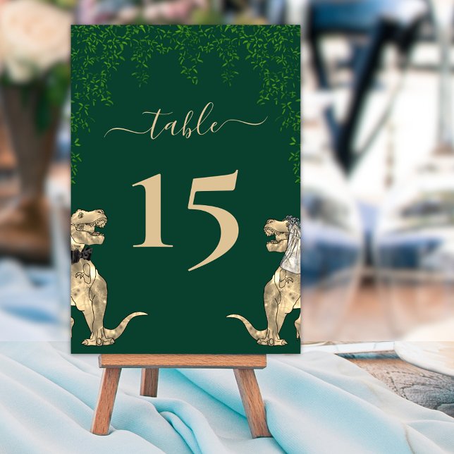 Numéro De Table Mariage sur le thème des dinosaures Vert (Dinosaur themed dark green wedding table number cards  Jurassic T-Rex bride and groom eucalyptus )