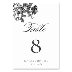 Numéro De Table Mariage Toile vintage noir et blanc Roses