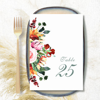 Numéro De Table Mariage Tournesol Aquarelle Vert Sauge Bourgogne