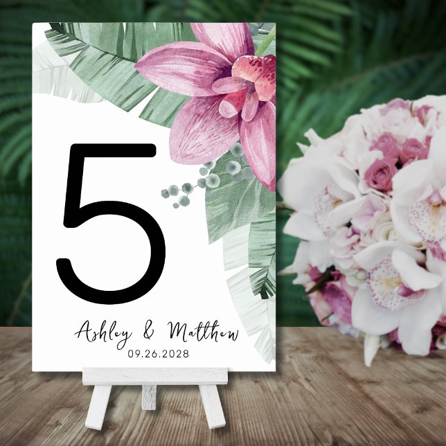 Numéro De Table Mariage Tropical Floral Moderne sur la Plage (Modern Beach Palm Pink Floral Tropical Wedding Table Number)