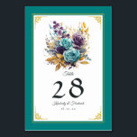 Numéro De Table Mariage turquoise, violet et or<br><div class="desc">Carte de numéro de table turquoise,  violet et or fleuri mariage personnalisable selon les caractéristiques de votre événement.</div>